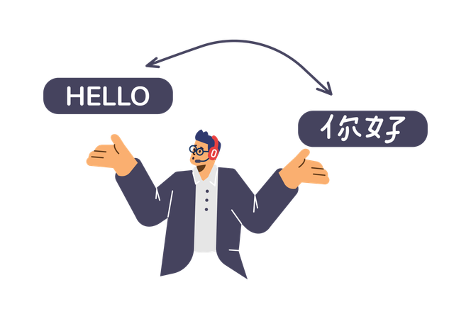 Joven traductor con auriculares  Ilustración