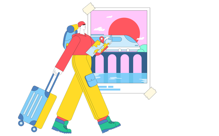 Joven turista caminando con maleta  Ilustración