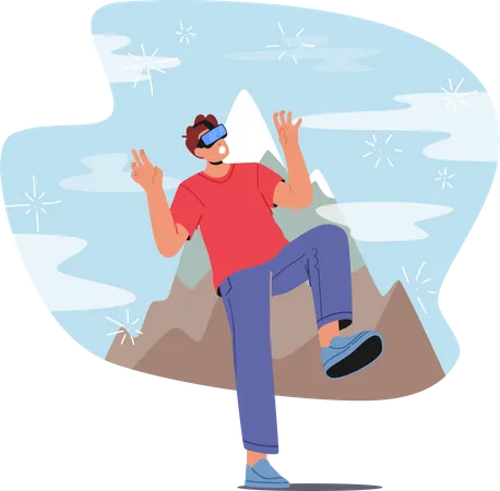 Joven usa gafas VR escalando montaña  Ilustración