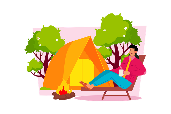 El joven va a acampar para disfrutar de la naturaleza.  Ilustración