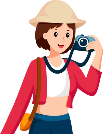 Chica joven viajando con cámara  Ilustración