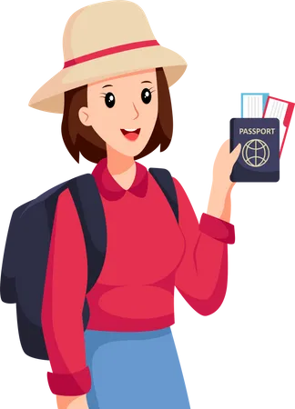 Chica joven que viaja con pasaporte  Ilustración