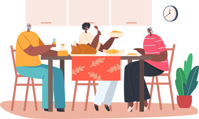 Jóvenes y mayores africanos cenando juntos  Ilustración