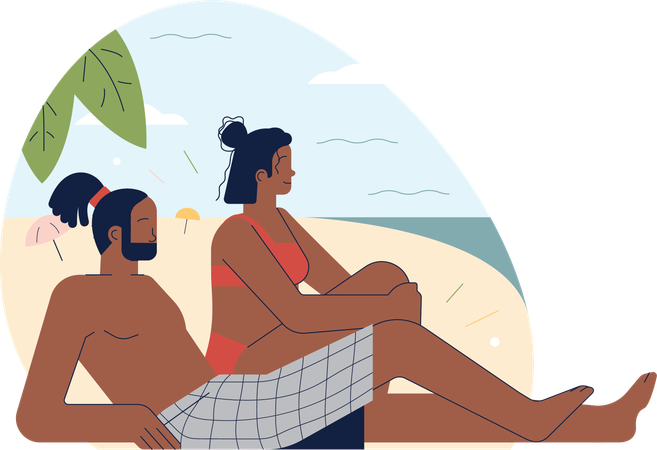 Hombre joven y mujer disfrutando de vacaciones en la playa  Ilustración