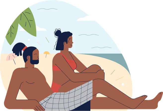 Hombre joven y mujer disfrutando de vacaciones en la playa  Ilustración