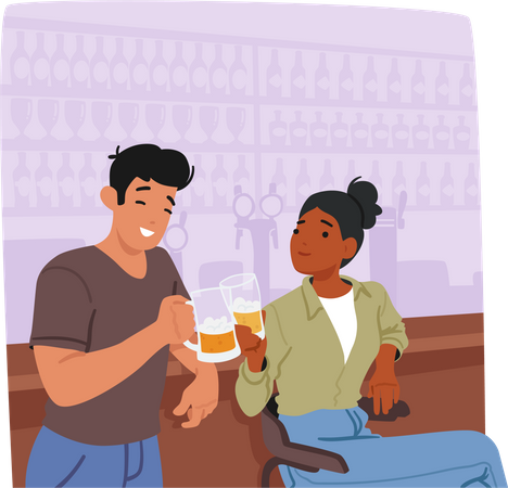 Hombre y mujer joven en el bar disfrutando de la cerveza  Ilustración