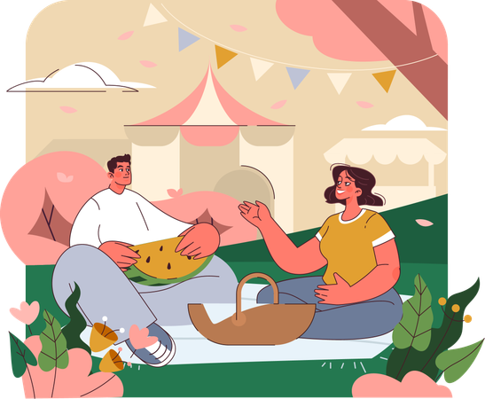 Hombre y mujer jóvenes en Harden mientras disfrutan de comida de picnic  Ilustración