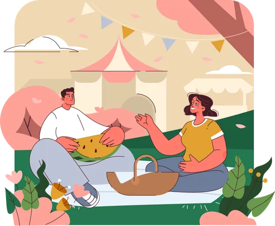 Hombre y mujer jóvenes en Harden mientras disfrutan de comida de picnic  Ilustración