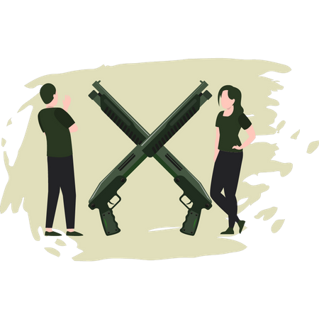 Hombre joven y mujer mirando armas  Ilustración