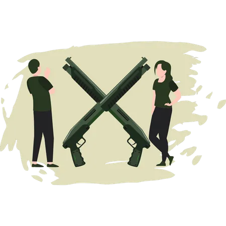 Hombre joven y mujer mirando armas  Ilustración