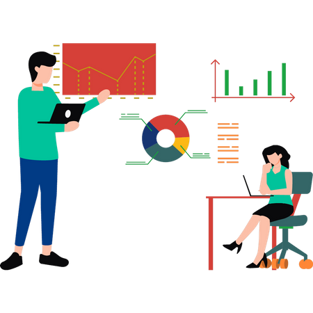 Joven y trabajando en análisis de datos.  Ilustración