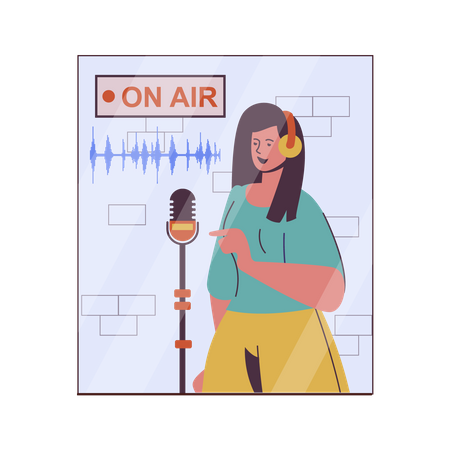 Chica joven podcasting en el aire  Ilustración