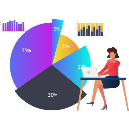 Señorita trabajando en un gráfico circular de negocios  Ilustración