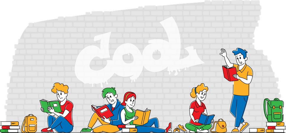 Jóvenes con libros estudiando juntos al aire libre sobre fondo de pared de ladrillo. Estudiantes Personajes Aprendizaje colectivo o preparación de exámenes, Cursos Educación. Ilustración de Vector de personas lineales  Ilustración