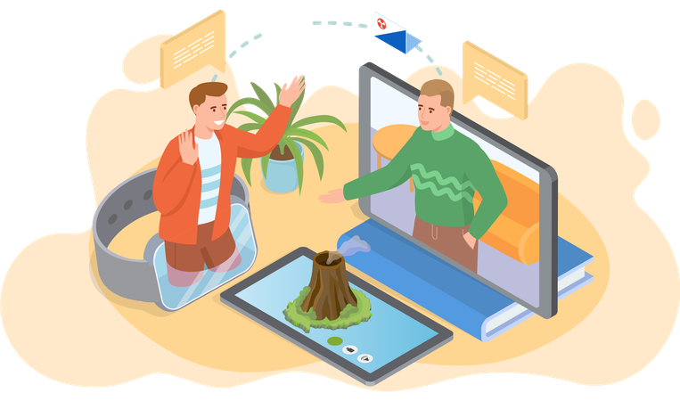 Jóvenes hablan por videoconferencia sobre sus vacaciones en Asia  Ilustración