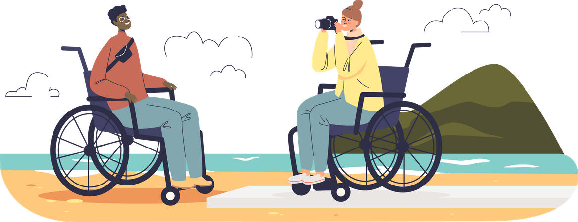 Jóvenes discapacitados en sillas de ruedas de vacaciones  Ilustración