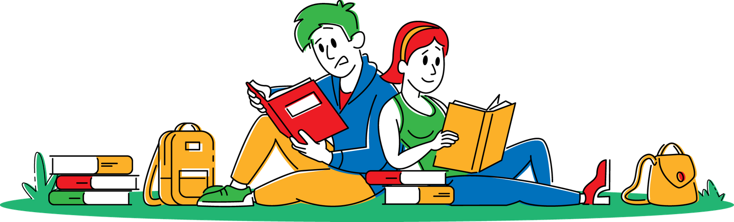 Jóvenes estudiantes con libros sentados en el césped en la universidad  Ilustración