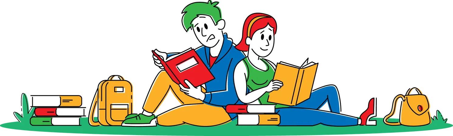 Jóvenes estudiantes con libros sentados en el césped en la universidad  Ilustración