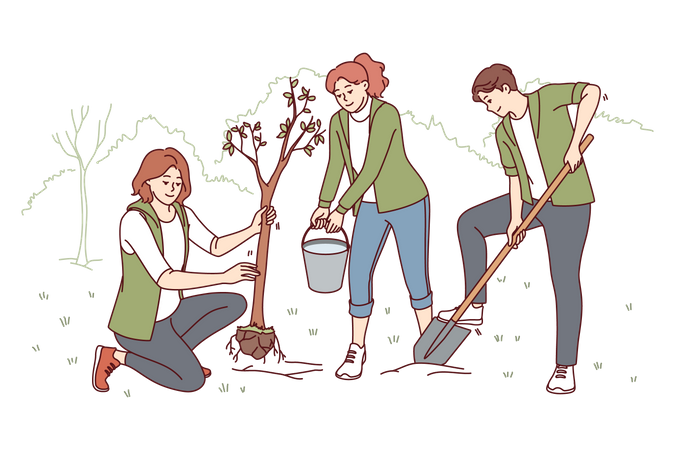 Los jóvenes estudiantes están plantando árboles.  Ilustración