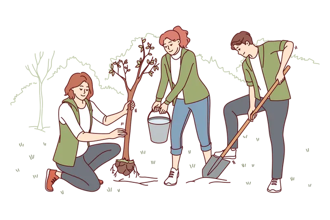 Los jóvenes estudiantes están plantando árboles.  Ilustración