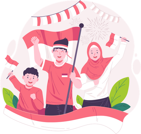 Jóvenes felices celebran el Día de la Independencia de Indonesia izando la bandera roja y blanca de Indonesia  Ilustración