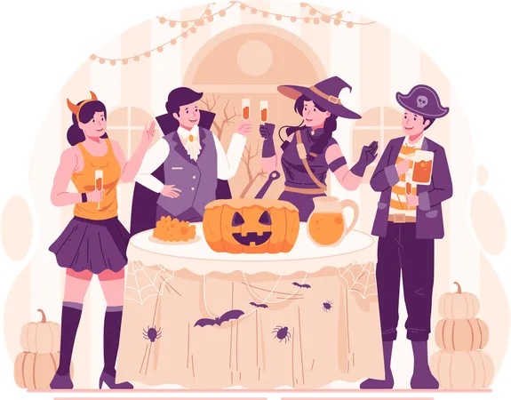 Jóvenes felices vestidos con varios disfraces de Halloween sosteniendo copas de cóctel con bebidas haciendo un brindis  Ilustración