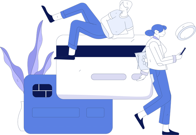 Jóvenes haciendo pagos con tarjeta de crédito  Ilustración