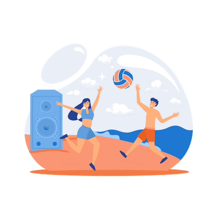 Jóvenes jugando voleibol en la costa arenosa y escuchando música  Ilustración