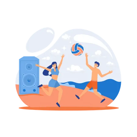 Jóvenes jugando voleibol en la costa arenosa y escuchando música  Ilustración