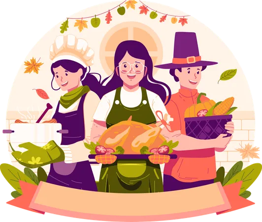 Jóvenes preparando y cocinando platos y pavo para la fiesta de Acción de Gracias  Ilustración