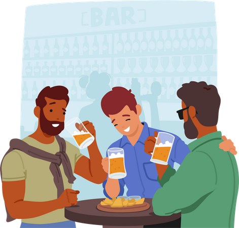 Jovens amigos se divertem socializando e se relacionando com cervejas e lanches em um ambiente animado de bar  Ilustração