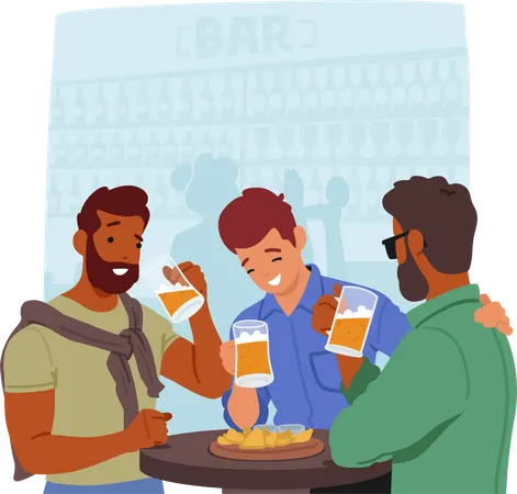Jovens amigos se divertem socializando e se relacionando com cervejas e lanches em um ambiente animado de bar  Ilustração