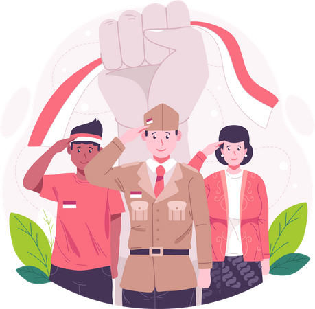 Jovens com gestos respeitosos comemorando o Dia da Independência da Indonésia em 17 de agosto  Ilustração
