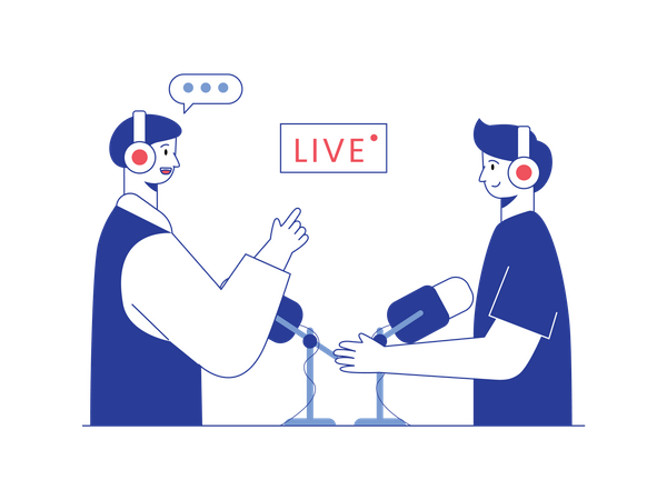 Jovens com microfone trabalham com gravação ao vivo  Ilustração