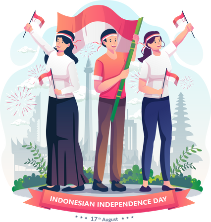 Jovens comemoram o dia da independência da Indonésia segurando a bandeira vermelha e branca da Indonésia  Ilustração