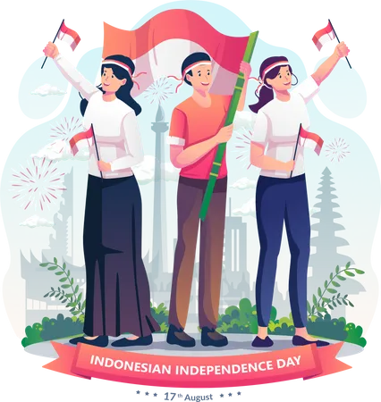Os Jovens Celebram O Dia Da Independencia Da Indonesia Segurando A Bandeira Vermelha E Branca Da Indonesia Dia Da Independencia Da Indonesia Em 17 De Agosto Ilustracao Vetorial Em Estilo Simples Ilustração