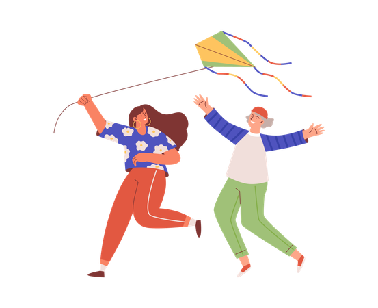 Jovens correndo com pipa  Ilustração