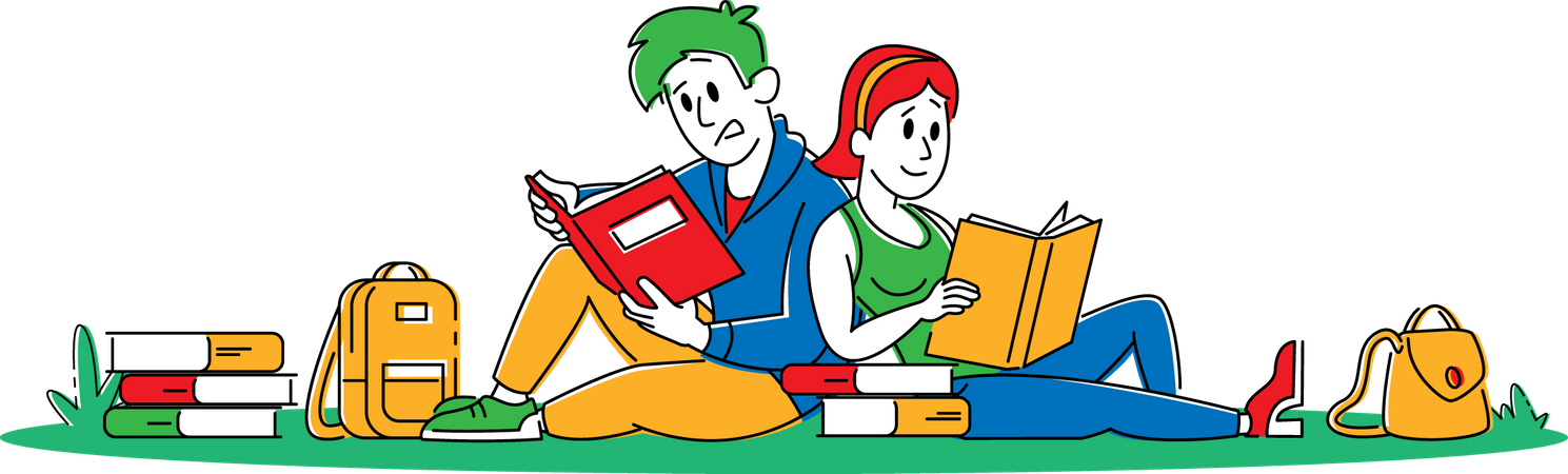 Jovens estudantes com livros sentados na grama na faculdade  Ilustração