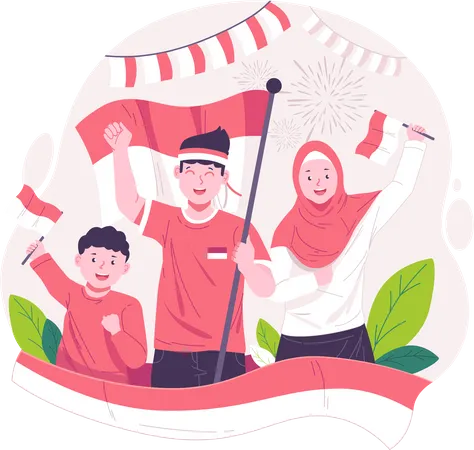 Jovens felizes comemoram o Dia da Independência da Indonésia hasteando a bandeira vermelha e branca da Indonésia  Ilustração