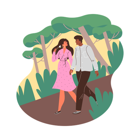 Jovens felizes de mãos dadas e caminhando em um encontro  Ilustração