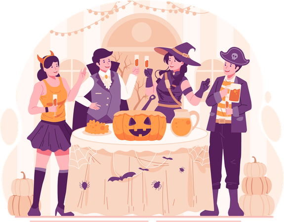 Jovens felizes vestidos com várias fantasias de Halloween segurando copos de coquetel com bebidas e fazendo um brinde  Ilustração