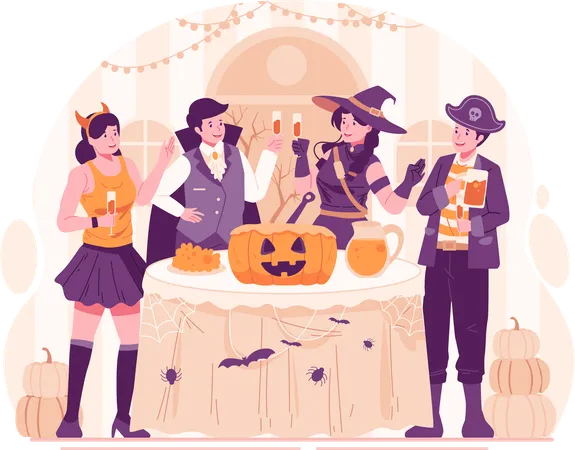 Jovens felizes vestidos com várias fantasias de Halloween segurando copos de coquetel com bebidas e fazendo um brinde  Ilustração