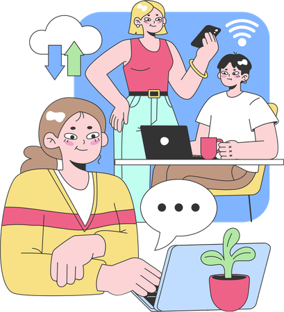 Jovens profissionais compartilhando ideias e trabalhando no laptop  Ilustração