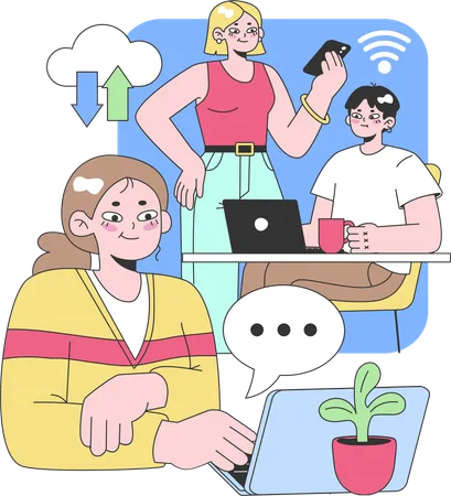 Jovens profissionais compartilhando ideias e trabalhando no laptop  Ilustração