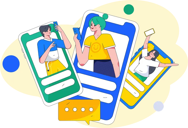 Jovens usando mídias sociais em smartphones  Ilustração