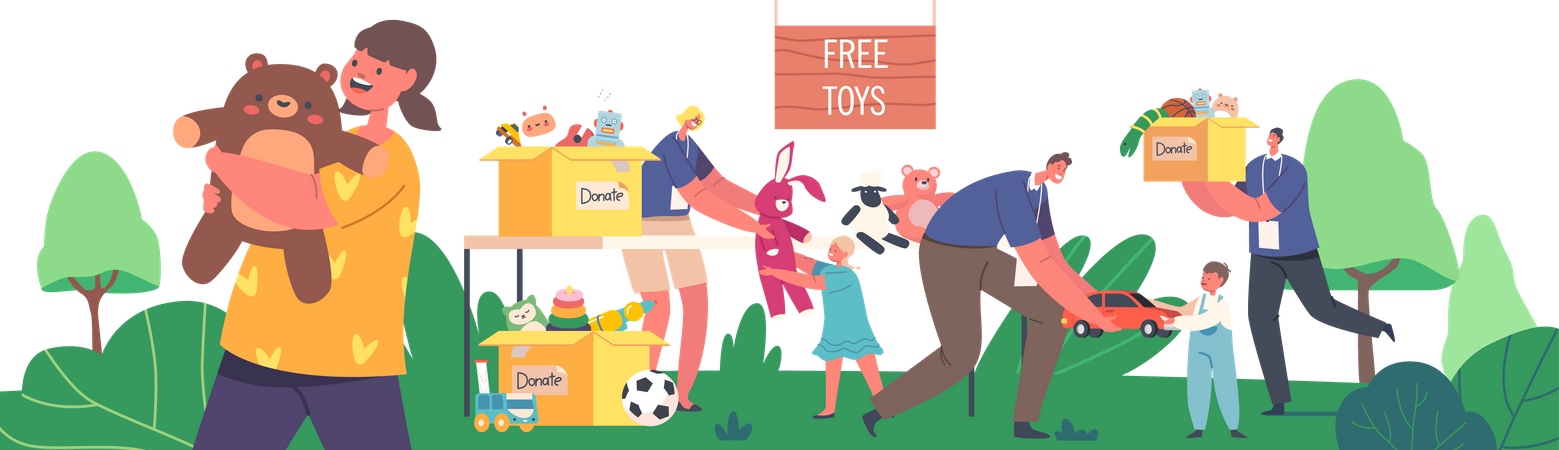 Jovens voluntários dando brinquedos para crianças órfãs em torno de uma caixa de doações com bens para crianças  Ilustração