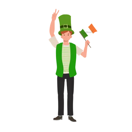 Jovial Man with Irish Flag in Green Outfit  Illustration