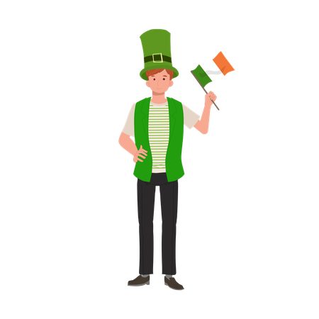 Jovial Man with Irish Flag in Green Outfit  Illustration