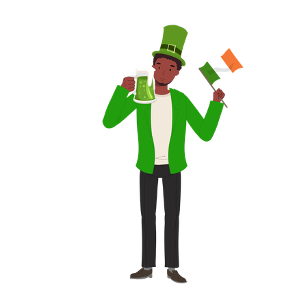 Jovial Man with Irish Flag in Green Outfit  Illustration