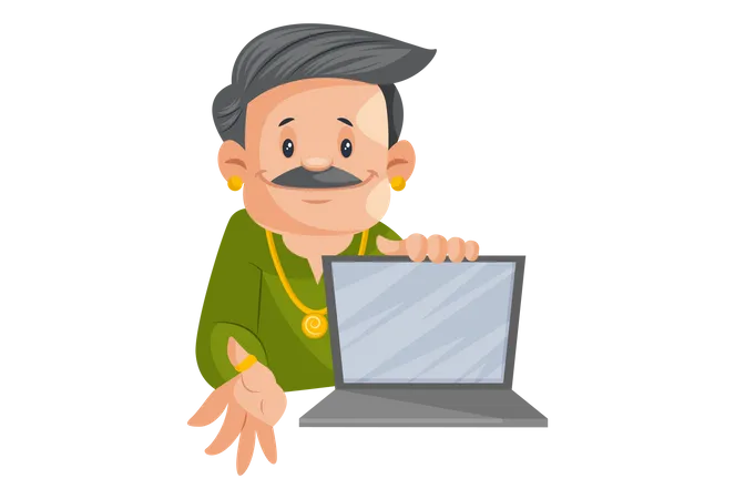 Joyero está mostrando joyas en la computadora portátil  Ilustración